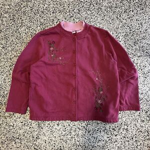 Vintage 90s Blair Cardigan Sweater Womens Large Maroon Embroidery Floral Flowers
